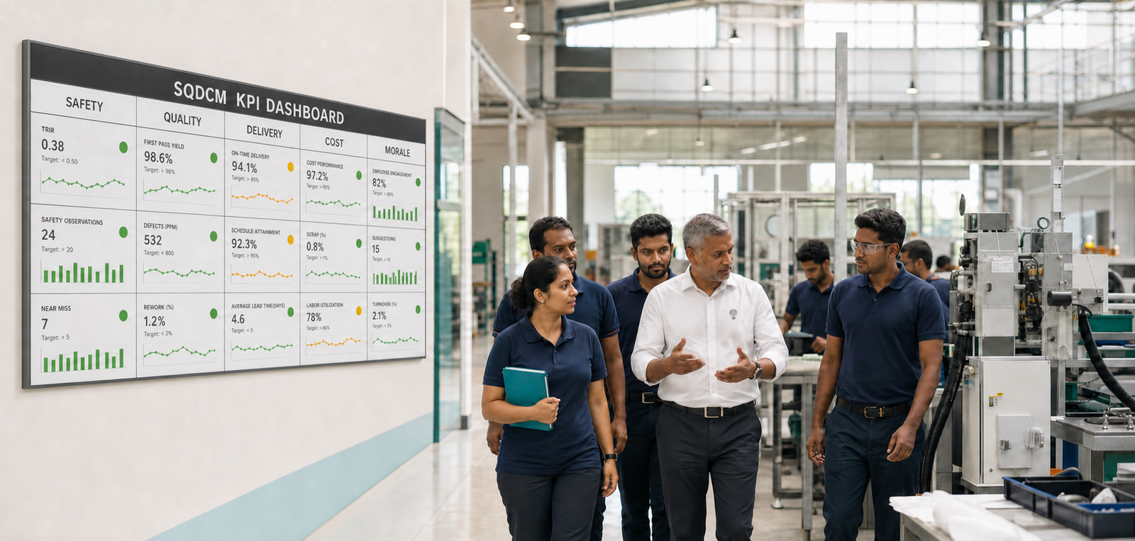 A ValueCraft Minds consultant walking through a manufacturing floor beside an SQDCM KPI dashboard